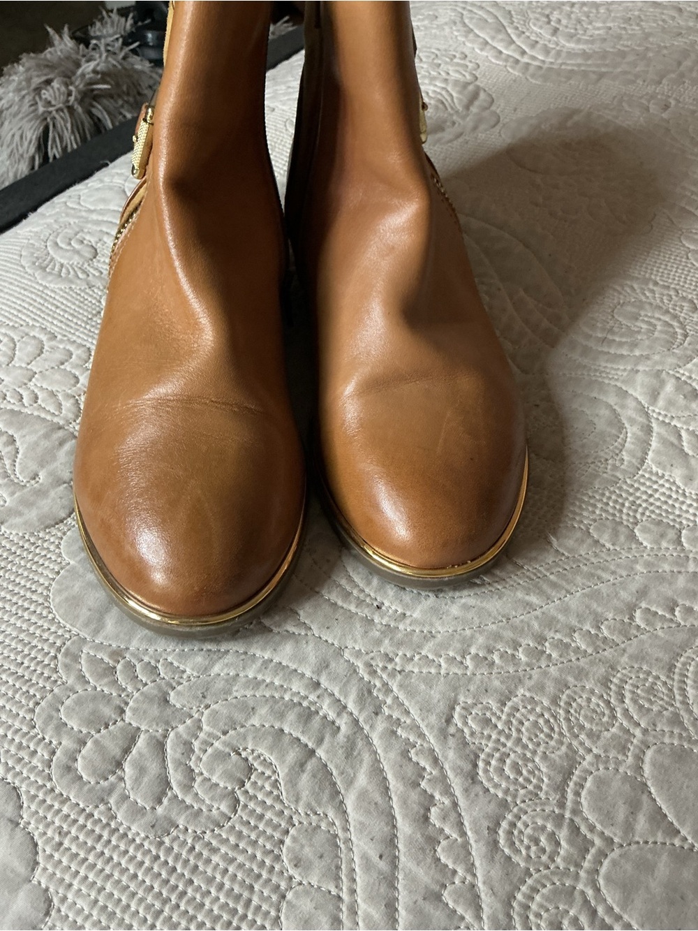 Aldo Cognac Leather Ankle Booties with Gold Trim